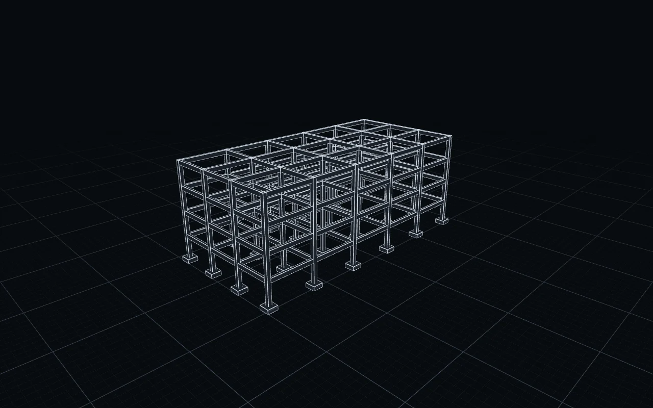 RC Office Building: 24 columns, 152 beams and 24 pad foundations, 37.5 by 18 by 14.4 metres, drawn on Roiko's 3D stage.