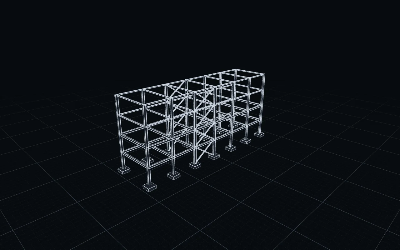Pipe Rack: 14 columns, 92 beams and 14 pad foundations, 36 by 9 by 16 metres, drawn on Roiko's 3D stage.