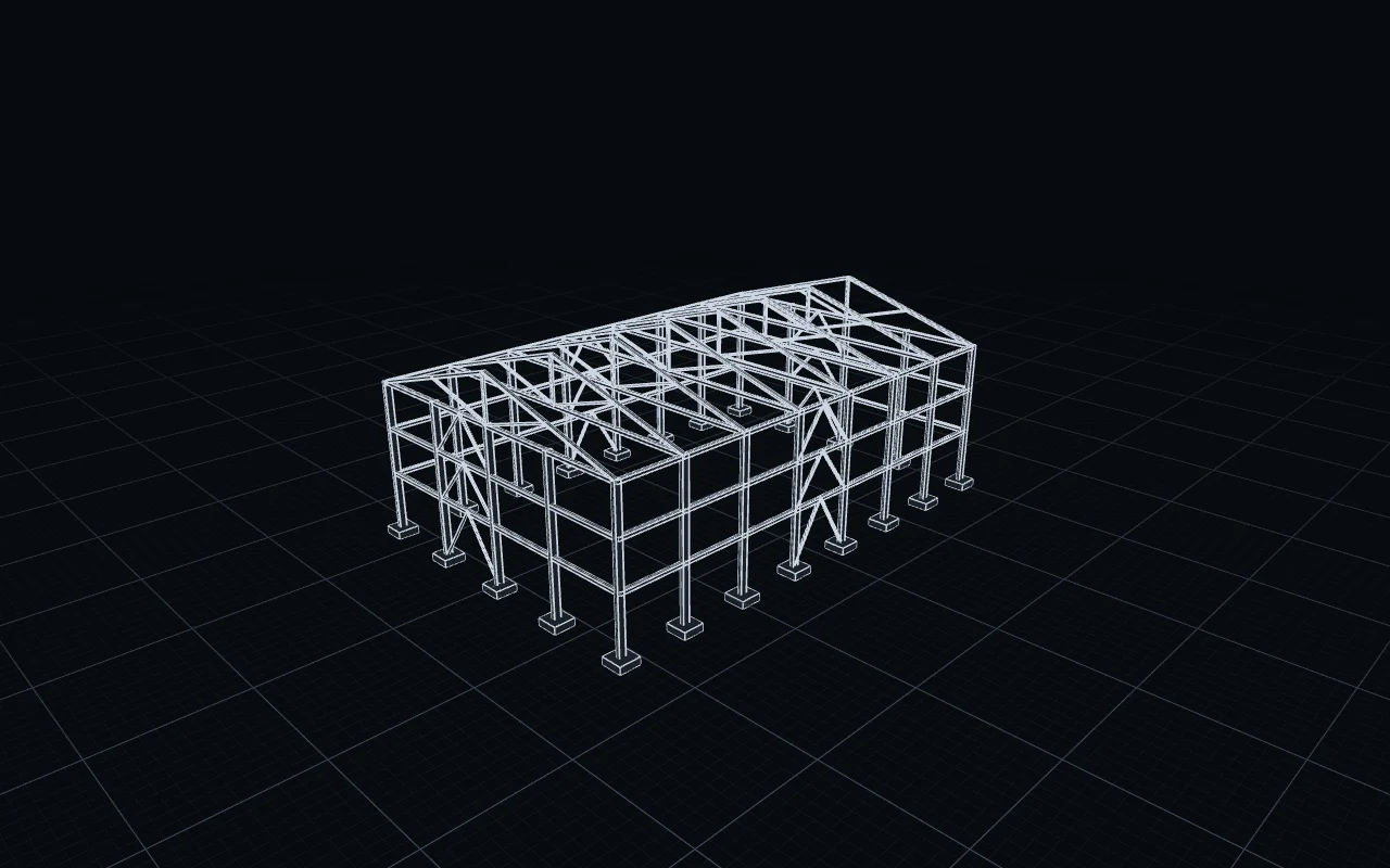 Warehouse: 22 columns, 136 beams and 22 pad foundations, 42 by 28 by 17 metres, drawn on Roiko's 3D stage.